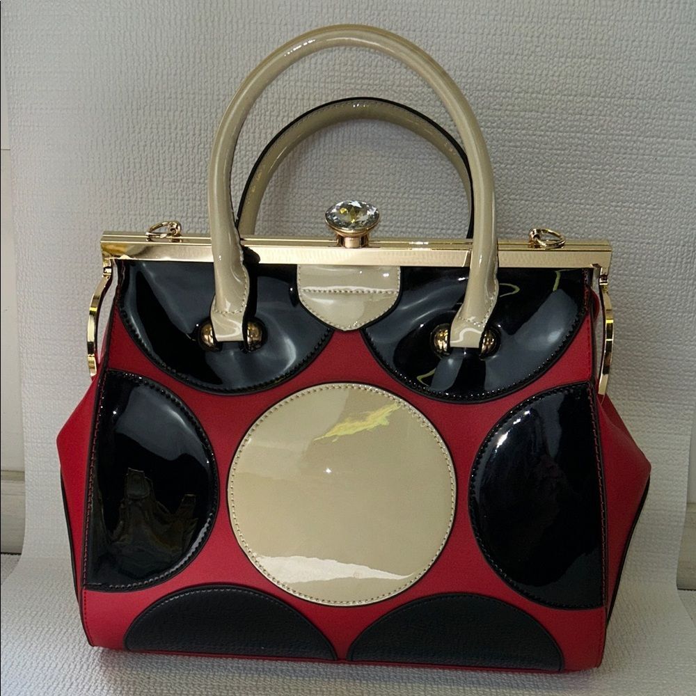 DS Elegant Red, Cream and Black Patent Leather Satchel